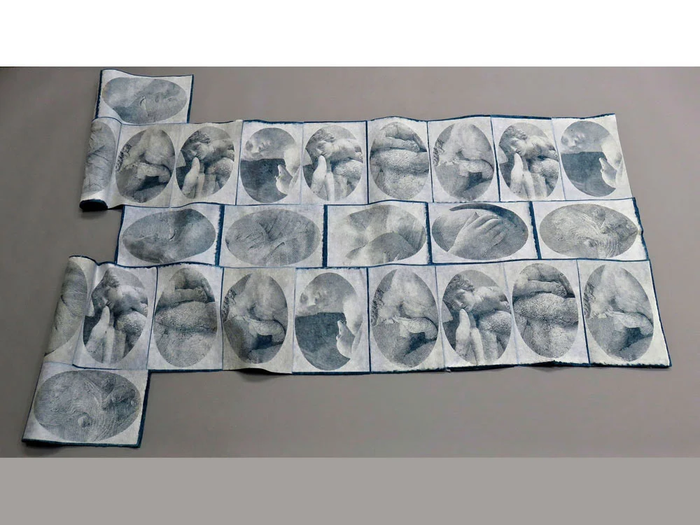  Feathers and Flesh 2015 laser etched layered paper (natural/indigo dyed), machine stitched