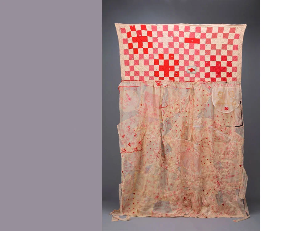 Curiosities: You're Ruining My Epiphany 2008 Screen-print, embroidery on antique organdy objects; hand-stitched; vintage quilt top, red cross buttons