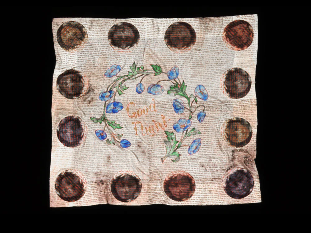 Red-work: Good Night 2001, digital transfer, screen-print and painting on antique textile