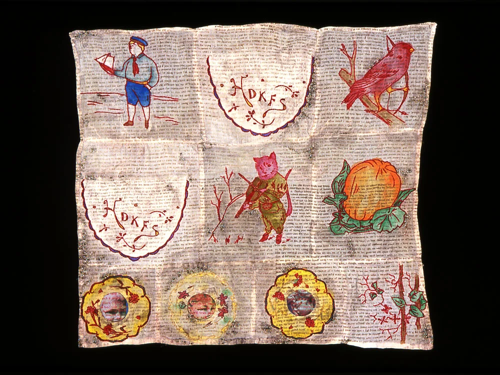Red-work: Sampler, 2001 , digital transfer, screen-print and painting on antique textile
