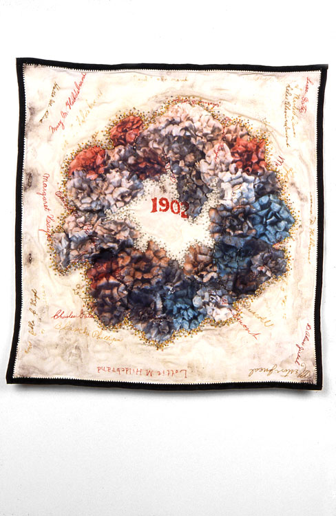   Mourning Hanky  &nbsp; antique textile, digital transfer, pigment, beads &nbsp; 1999 