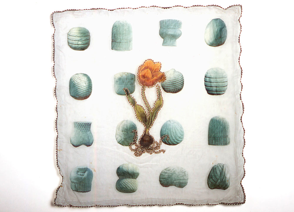 Tulipa: Yellow antique textile, digital transfer, applique, beads 2003