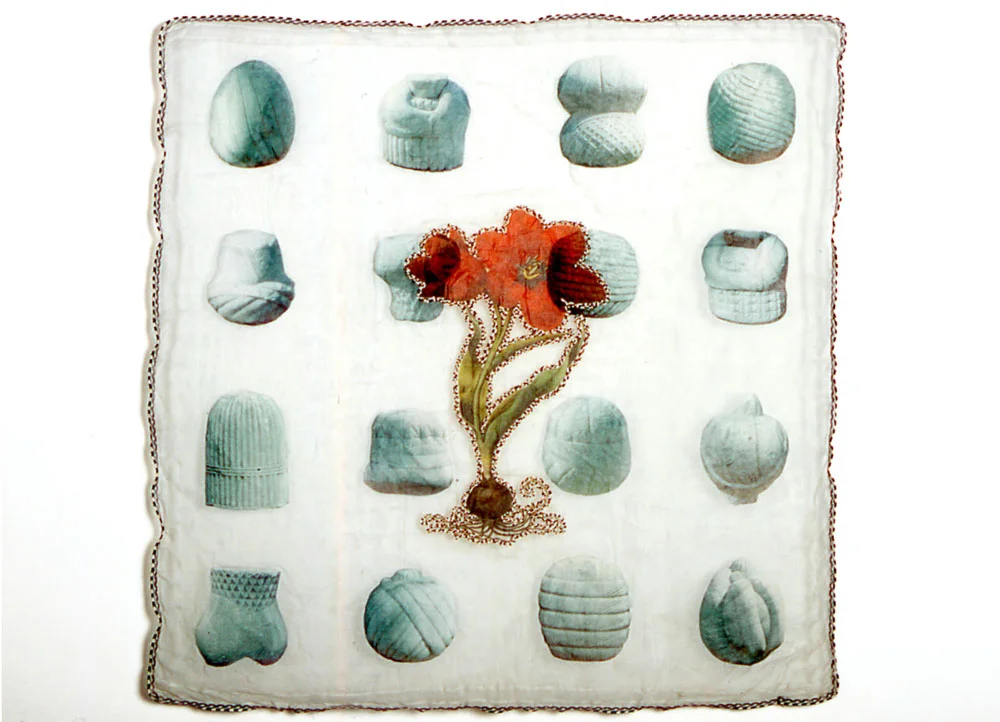 Tulipa:Red antique textile, digital transfer, applique, beads 2003