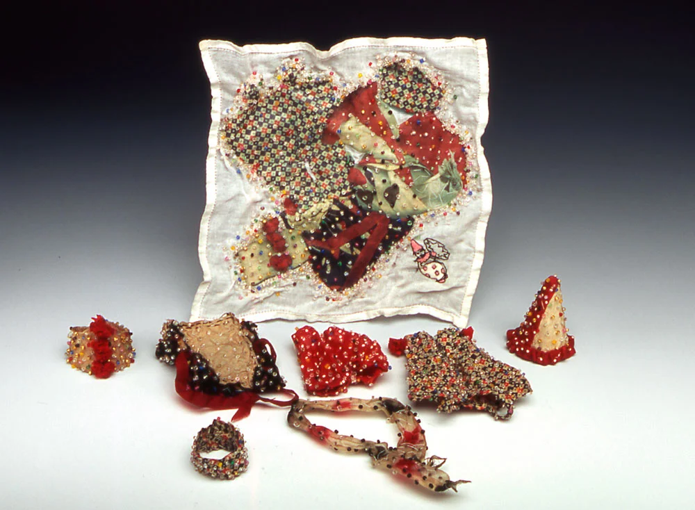 Pantaloon antique textiles, digital transfer, pigment, beads 2003