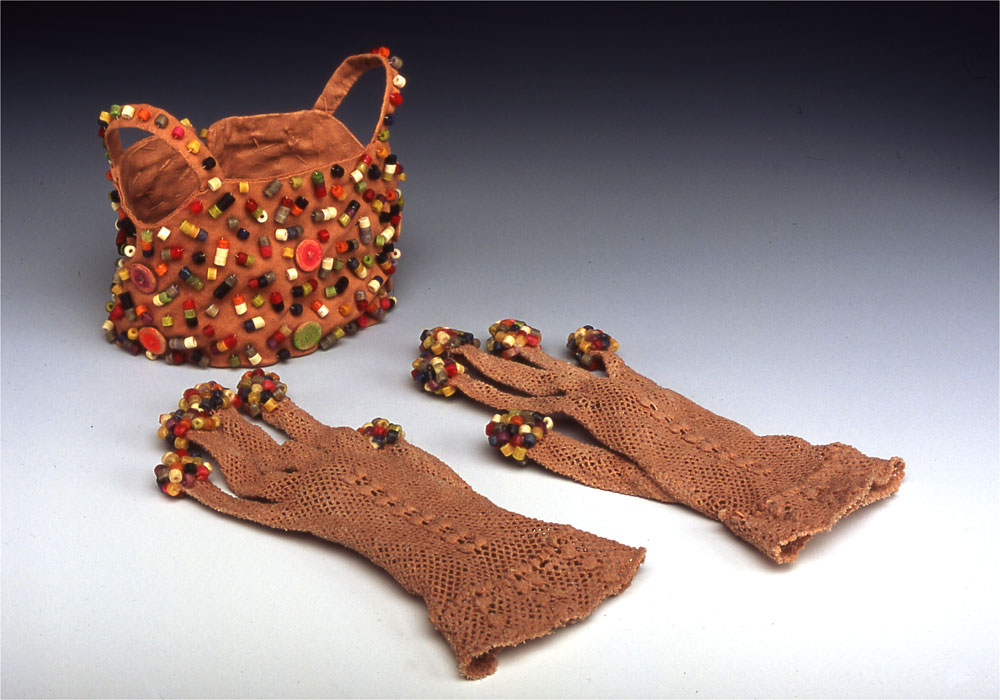 Curiosities: Festooned antique textiles, dyed, pasta beads 2003