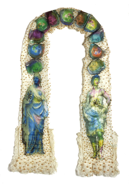The Cravat antique textile, digital transfers, pigment, beads 2002
