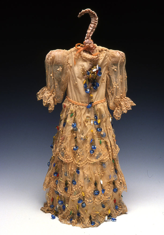 Eyelet antique textile, dyed, pigment, beads, safety pins 2002