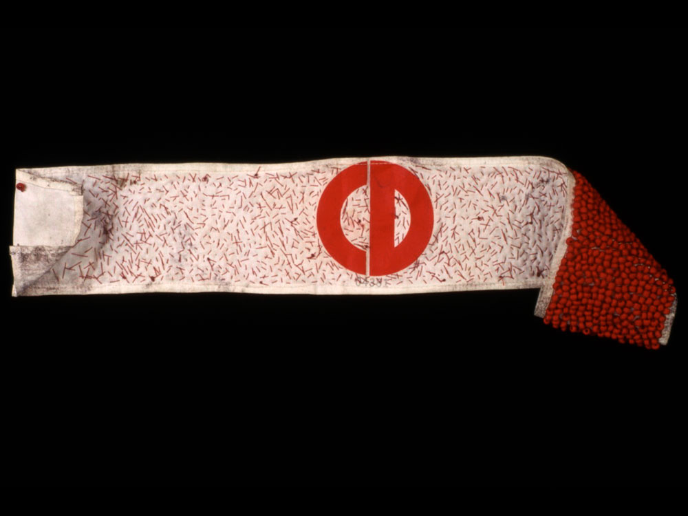 CD vintage textile, pigment, beads, stitched 1999