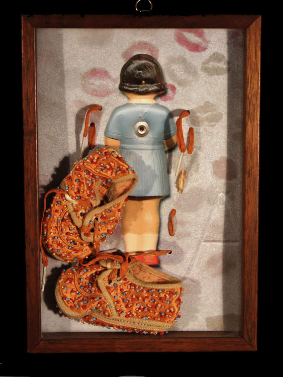Moving antique textiles, dyed, beads, digital print, shadowbox frame 2004