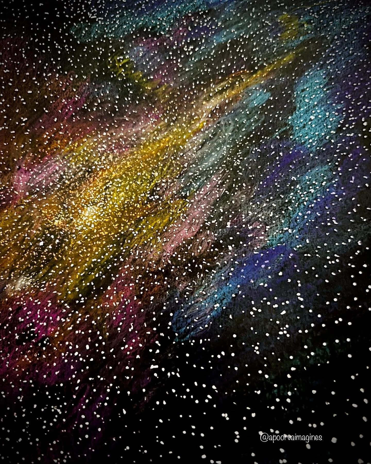 NOVALUNOSIS (n.) - The state of relaxation and wonderment experienced while gazing upon the stars. 💥🥰
&mdash;
✍🏽: @sargent_art pastels , @crayola pencils, white gel pens
🧠: adobe stock photo of the milky way galaxy

#apoorvaimagines #drawing #gal