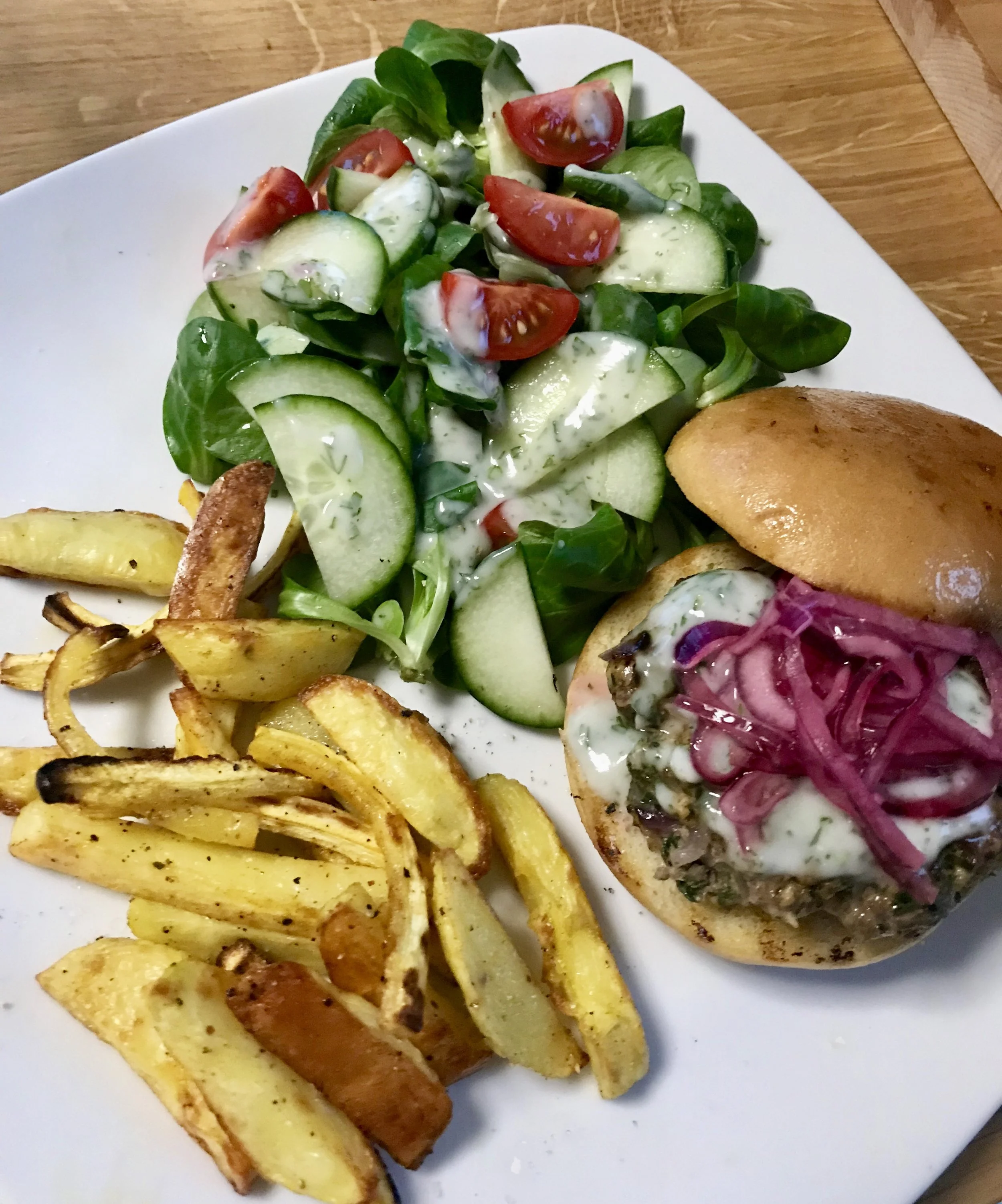 Lamb Burgers with Pickled Onions and Herbed Yogurt Sauce