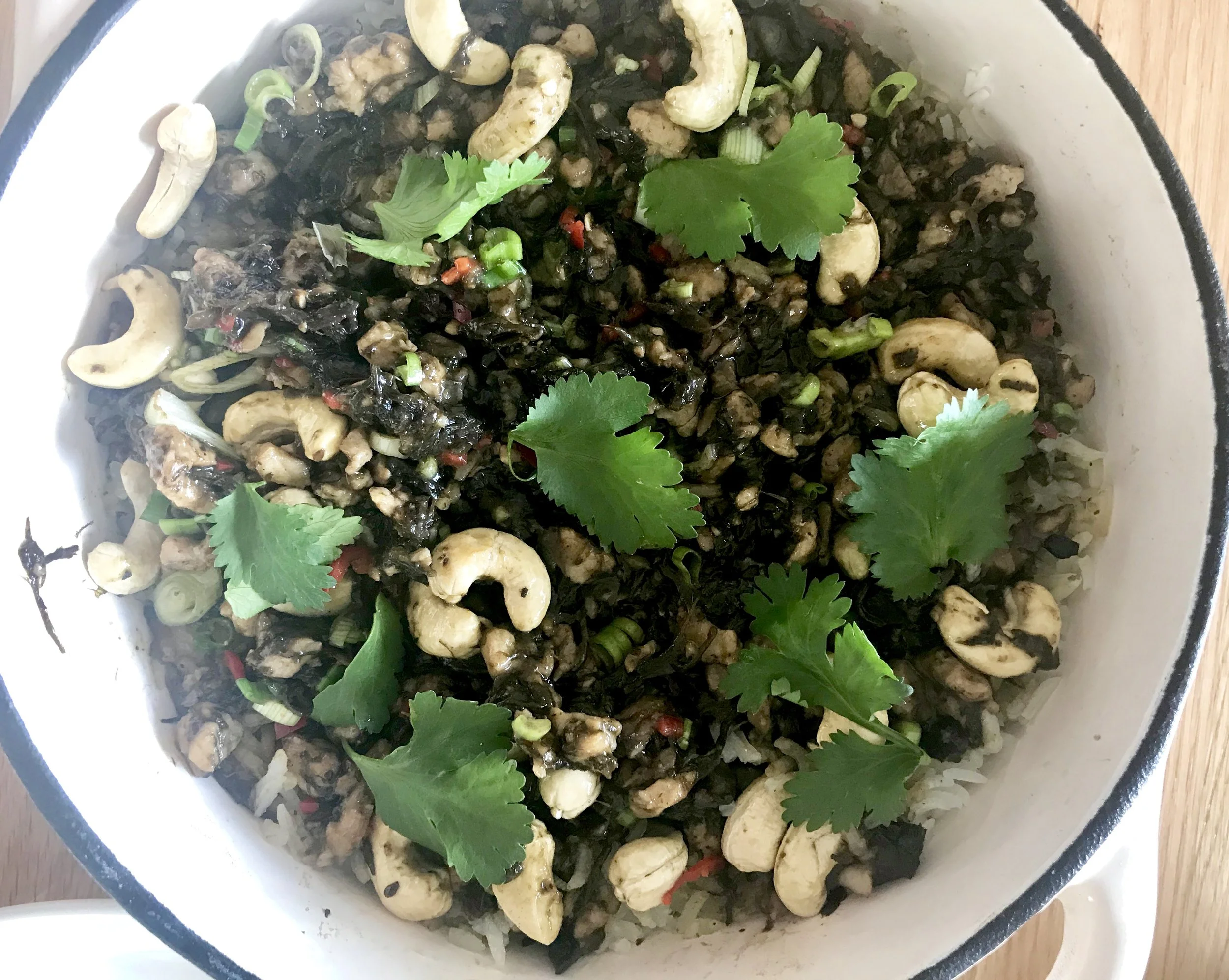 Rice in Pot with Minced Pork and Preserved Olive Kale (烧锅乌榄肉松饭)