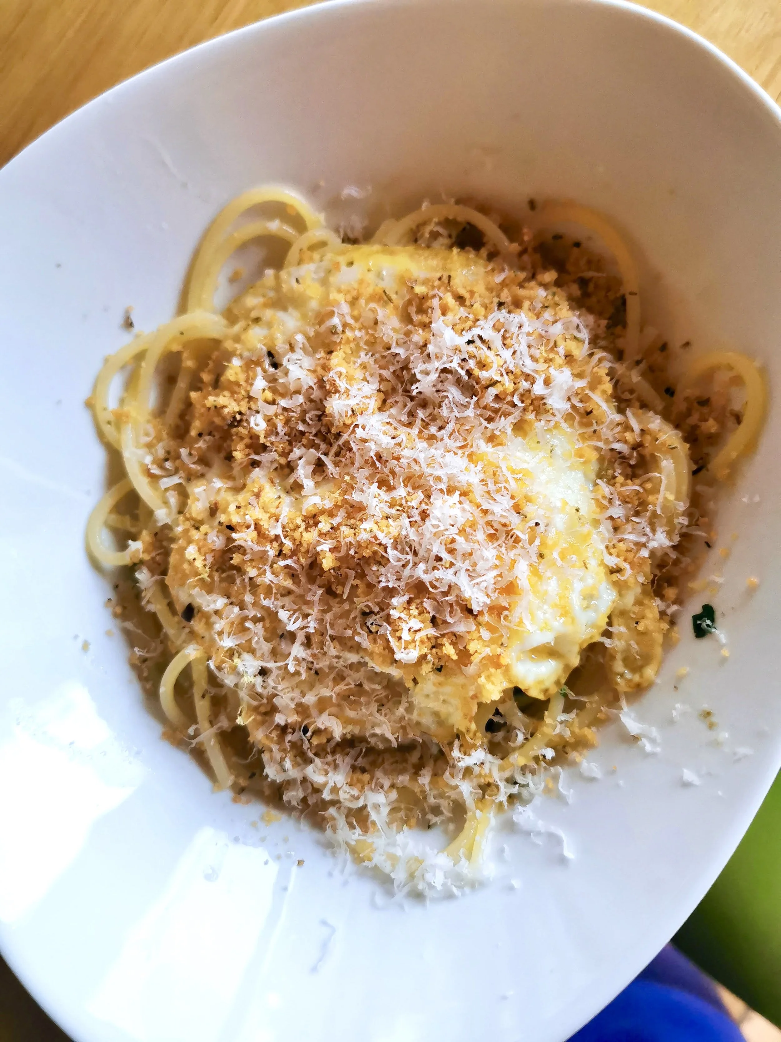 Spaghetti Pangrattato with Crispy Eggs