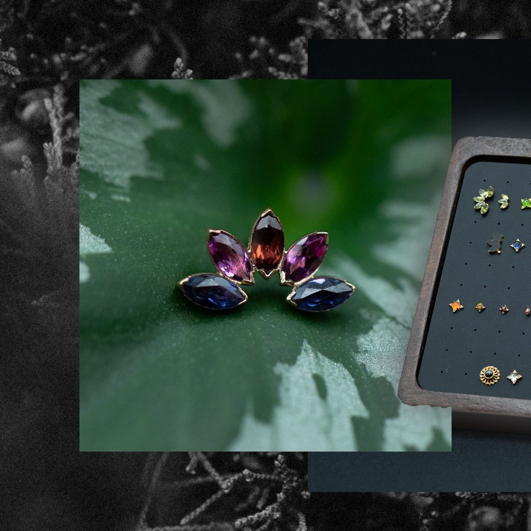 Summer is in full bloom and @anatometalinc is bringing the heat! 🌺🔥💎​
​
These marquise fans are great additions for new piercings as well as established ones. An upper helix or conch would be a perfect home for them. ​
​
Pictured here:​
&bull;18k 