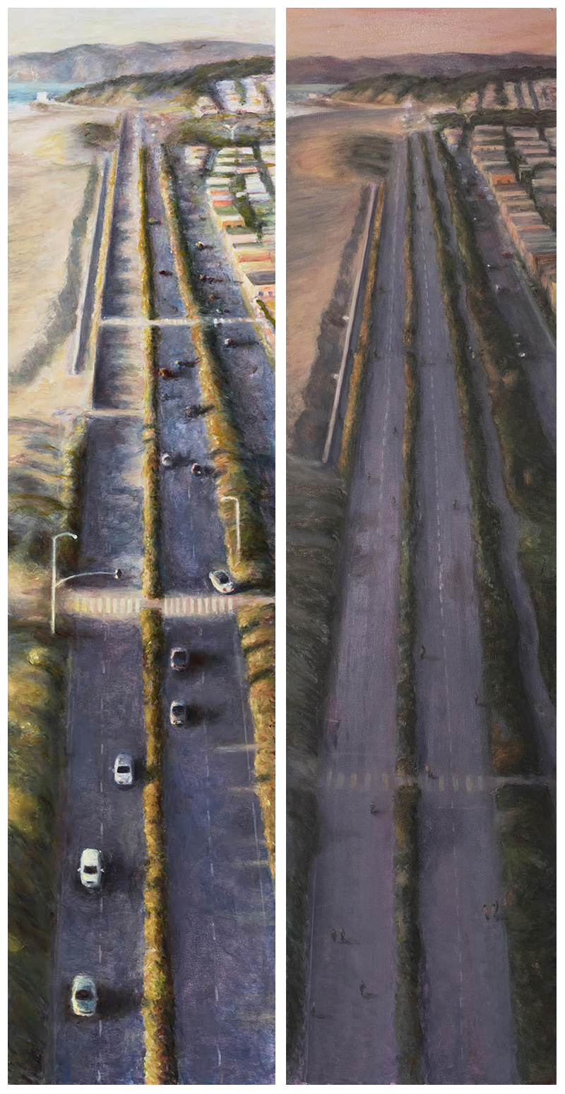   The Lesser Highway  and   The Great Highway  2023 oil on panel diptych 48 x 12 in. each 