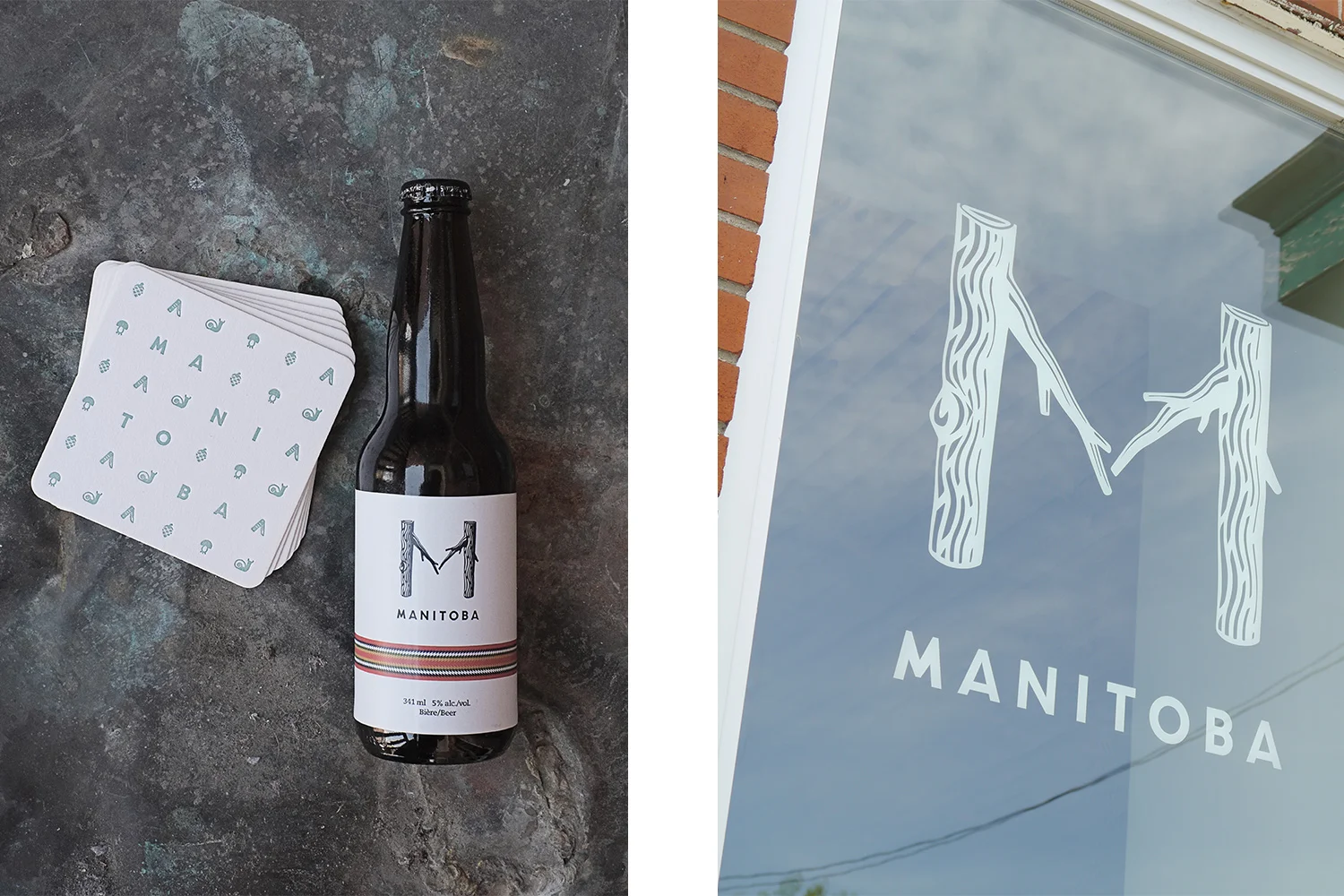Beer bottle with white label drawn by graphic designer. White square coaster with pale green print. Vinyl print of the restaurant logo, composition of 2 branches forming an M.