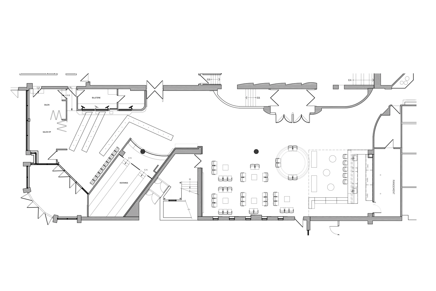 Plan d’aménagement du hall d’entrée d’une salle de spectacle à Laval réalisé par les designers d’intérieur de La Firme