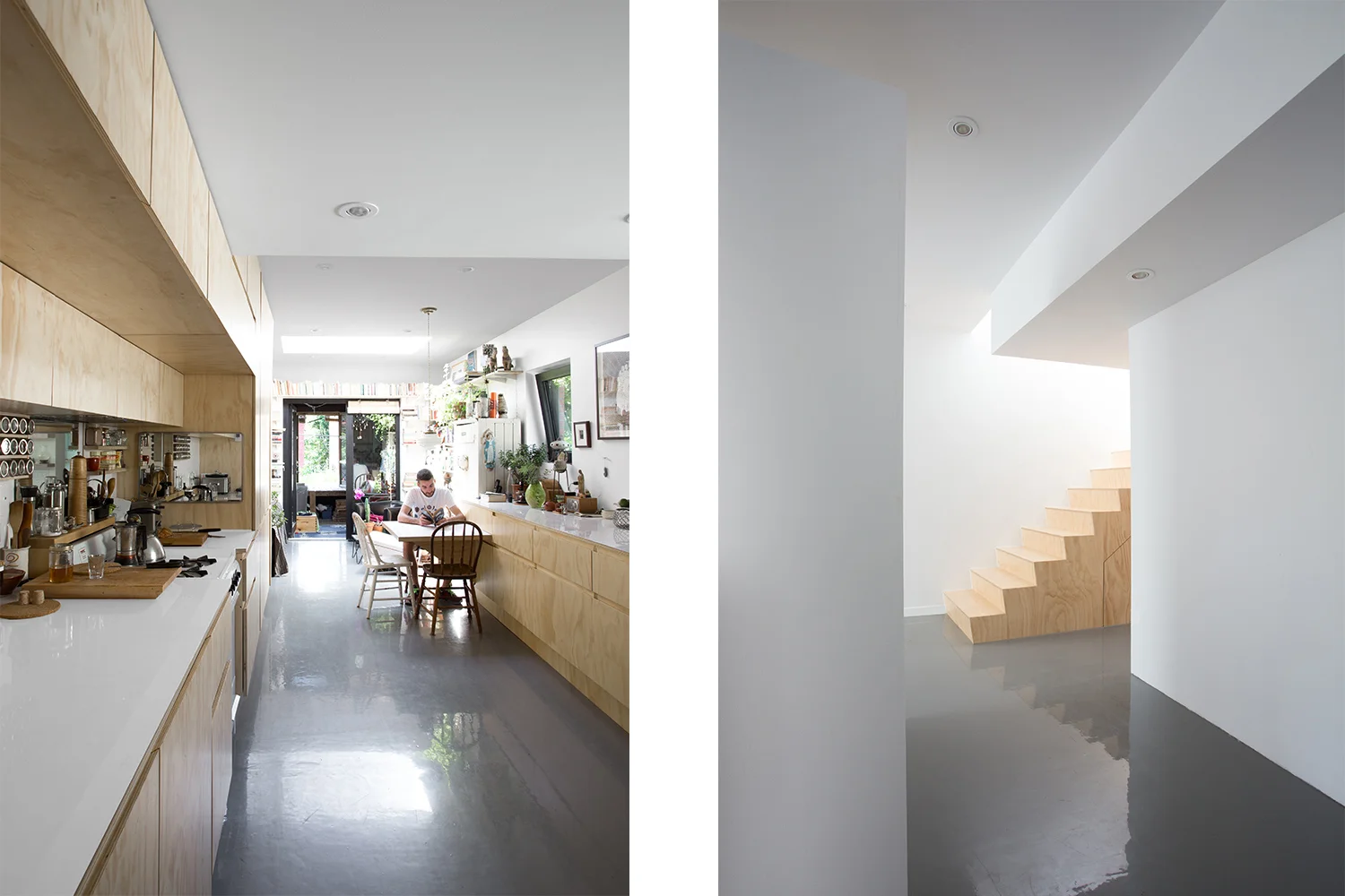Renovation of kitchen. Custom cabinets in plywood. Addition of a skylight. Another view of the wooden stair block. Full gloss luster gray epoxy floor