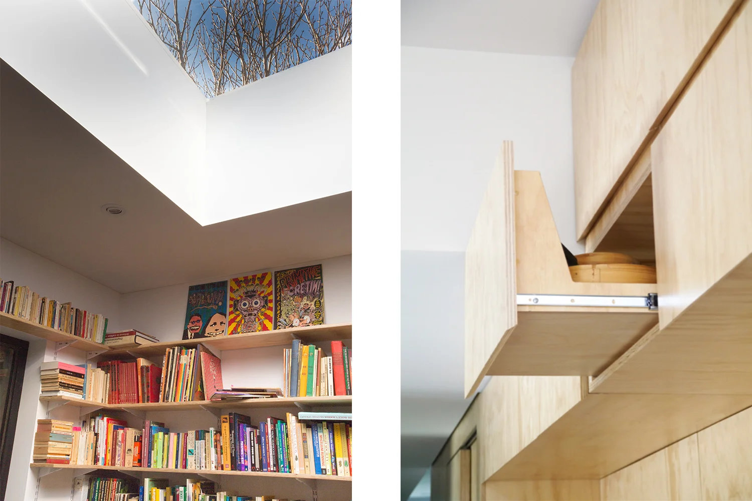 Detail of the library made to measure under the new skylight. System of adjustable racks and shelves in plywood. Another drawer detail made by cabinet maker in height.