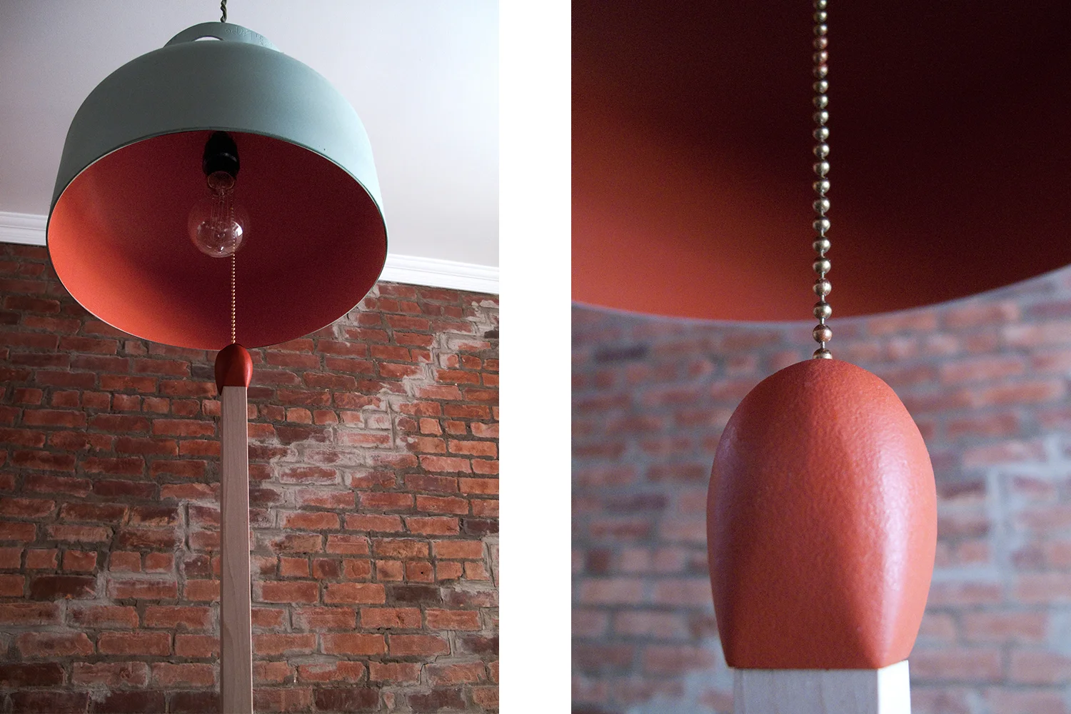 Lamp made from a gas tank. A match in giant format is suspended in the center. Exterior painted blue gray and interior finished red ocher.