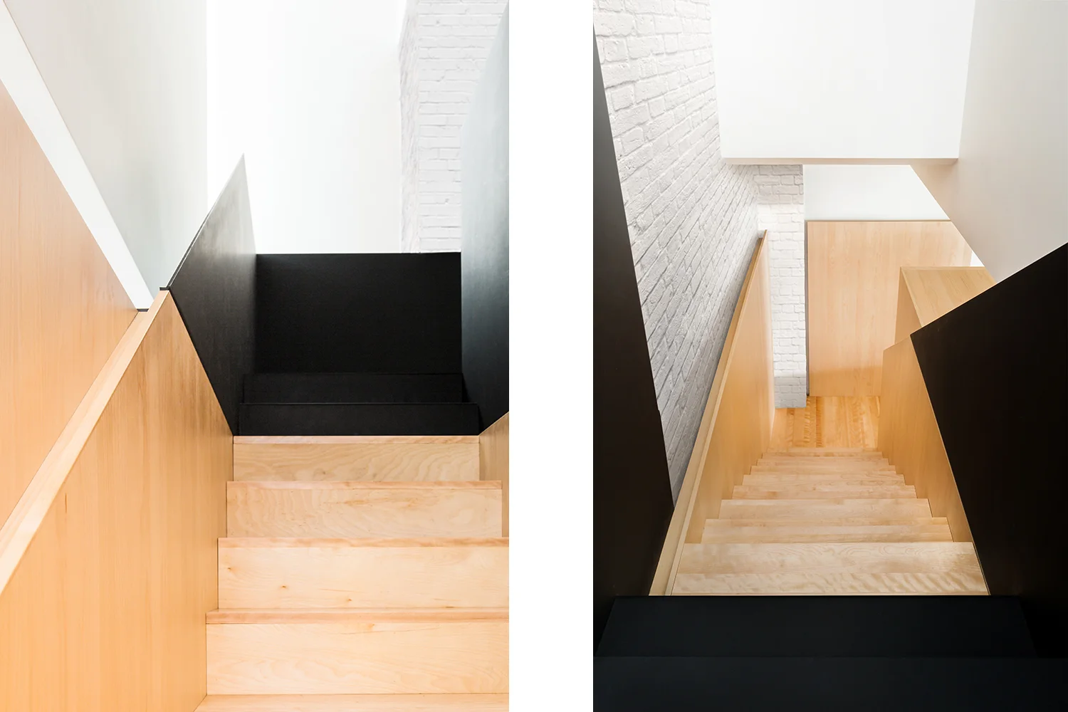 Renovation of kitchen. Storage block under the stairs. Built-in refrigerator. Island with bar height counter in white quartz. Another view of the railing of the black metal staircase