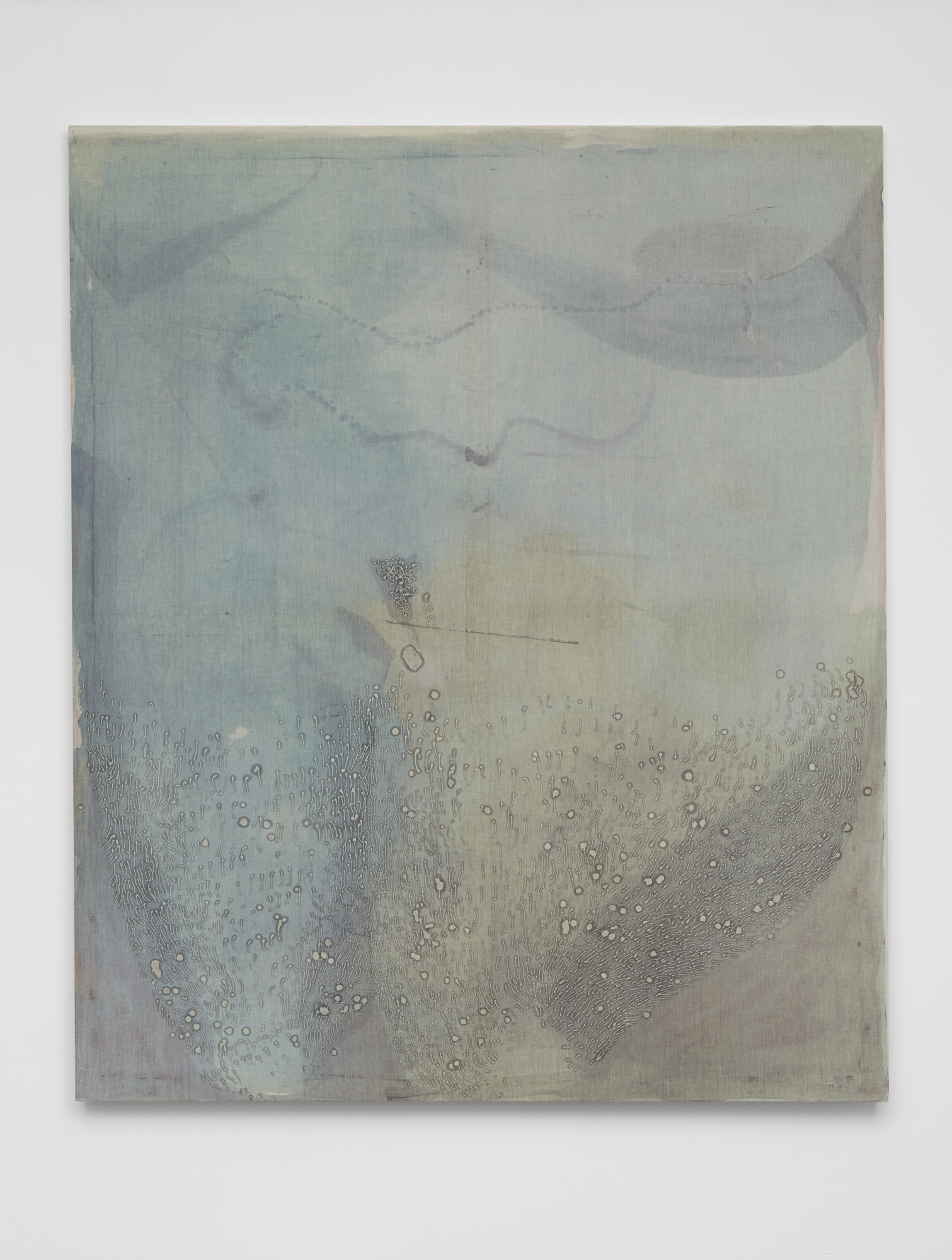   Faint , 2016, Ink, fabric dye, batik wax on calico with oak frame, 183 x 152.4 cm 