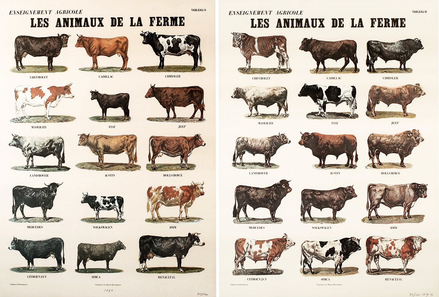  Marcel Broodthaers,  Les animaux de la ferme , 1974, Two sheets in offset colour print Schoeller-Parole paper, Edition of 20, 82 x 60.3cm 