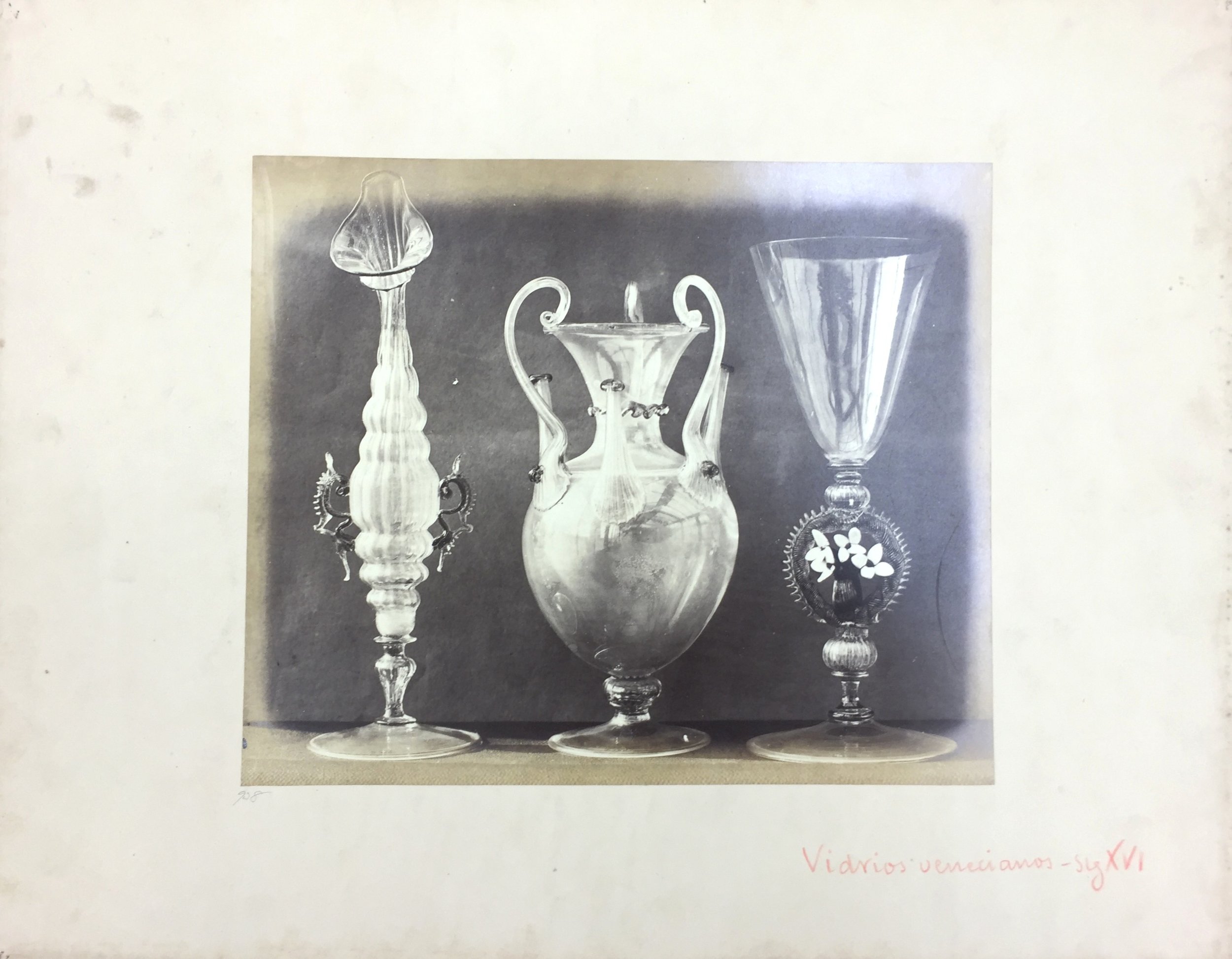   Medieval Venetian Glass, A.D. 1520, No. 938, Antiquities of Britain, British Museum , 1872, Photographed by Stephen Thompson, Vintage albumen print, Photograph: 23 x 27.5 cm, Mount board: 35.5 x 45.5 cm 