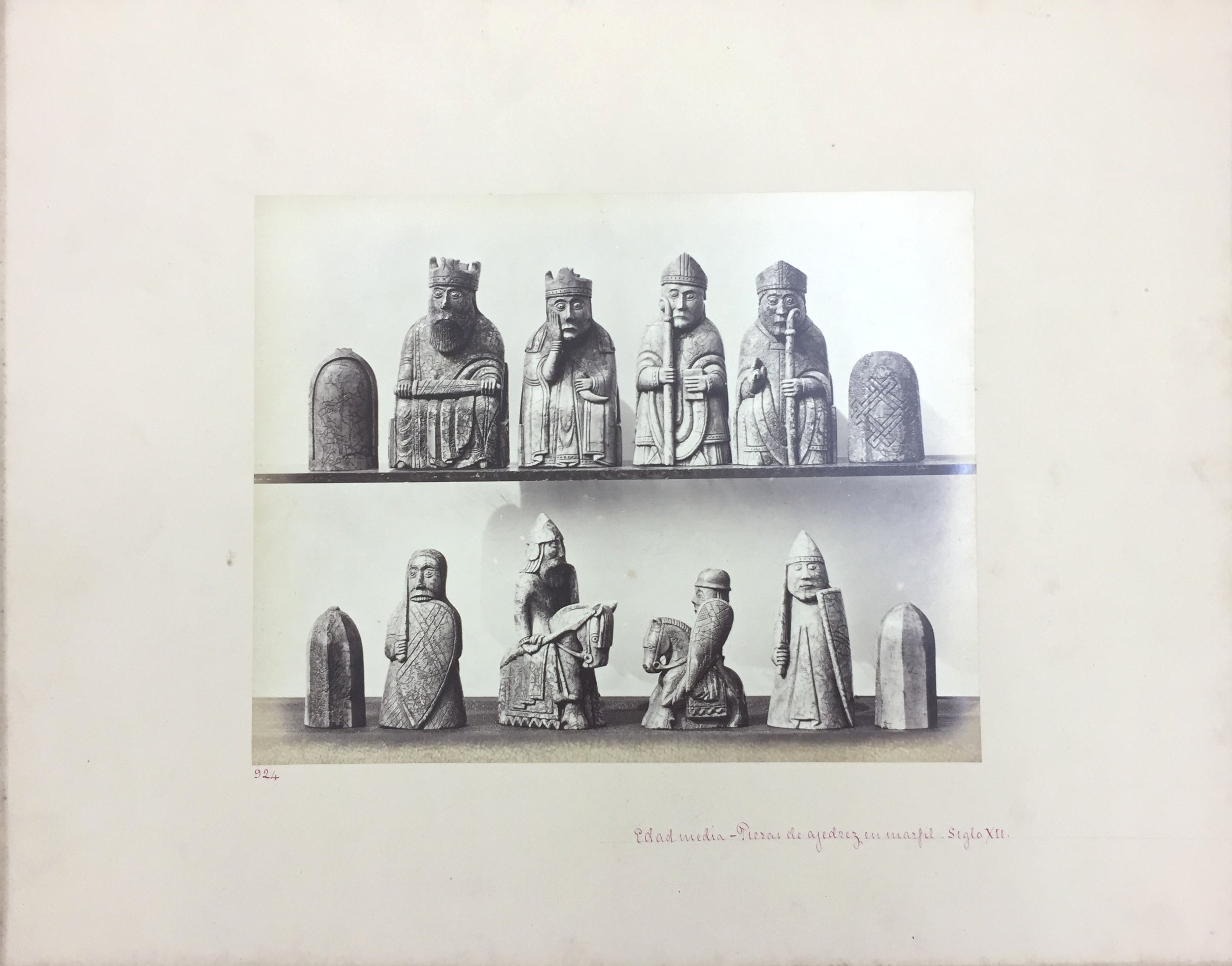   Medieval Lewis Chess Pieces, No. 924, A.D. 1150, Antiquities of Britain, British Museum , 1872, Photographed by Stephen Thompson, Vintage albumen print, Photograph: 20.5 x 21 cm, Mount board: 35.5 x 45.5 cm 