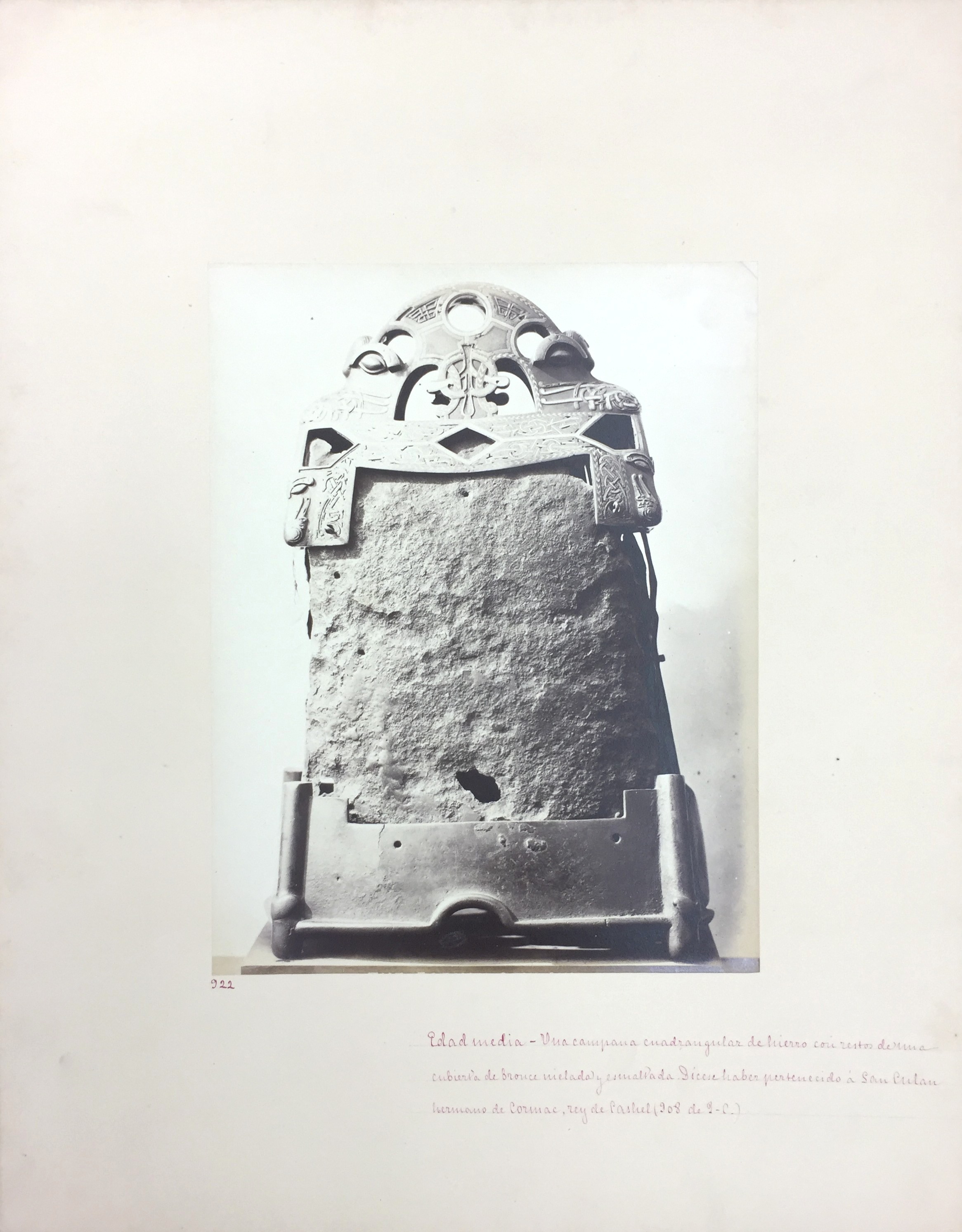   Medieval Iron Bell, 12th C, No. 922, Antiquities of Britain, British Museum , 1872, Photographed by Stephen Thompson, Vintage albumen print, Photograph: 20 x 26 cm, Mount board: 45.5 cm x 35.5 cm 