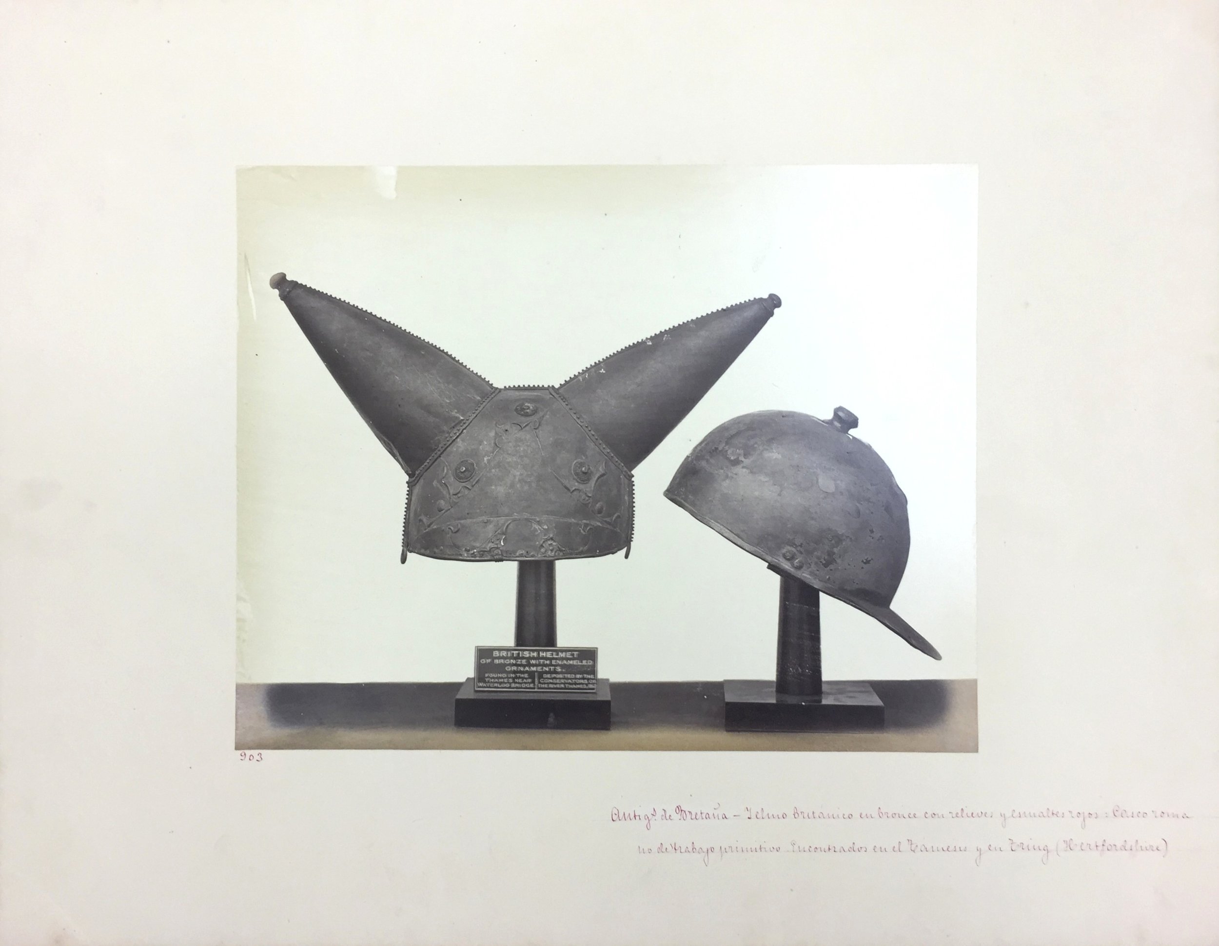   British Helmet of Bronze, No. 903, Antiquities of Britain, British Museum , 1872, Photographed by Stephen Thompson, Vintage albumen print, Photograph: 27.5 x 21.5 cm, Mount board: 35.5 x 45.5 cm 