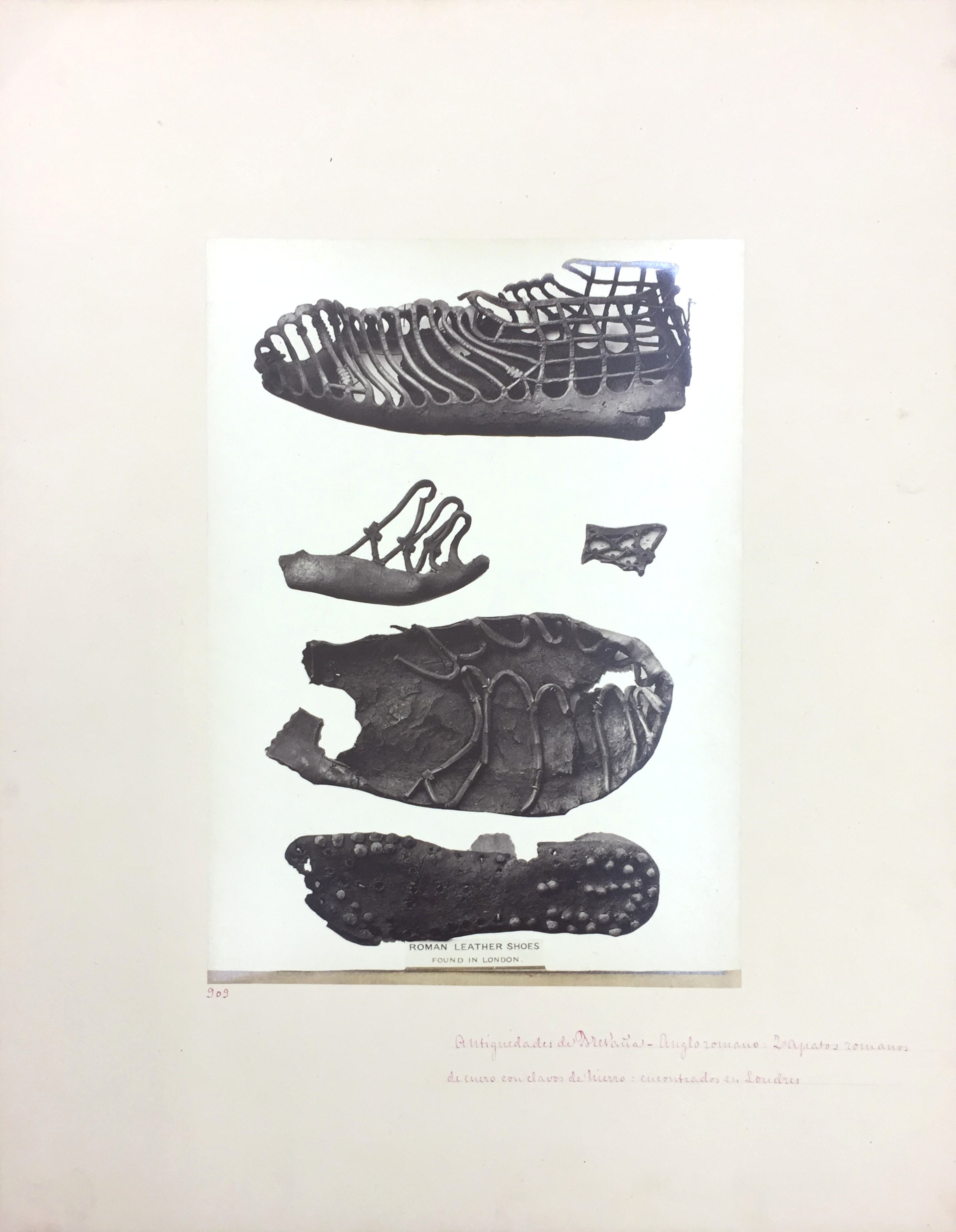   Anglo-Roman Leather Shoes, No. 909, Antiquities of Britain, British Museum , 1872, Photographed by Stephen Thompson, Vintage albumen print, Photograph: 20 x 27.5 cm, Mount board: 35.5 x 45.5 cm 