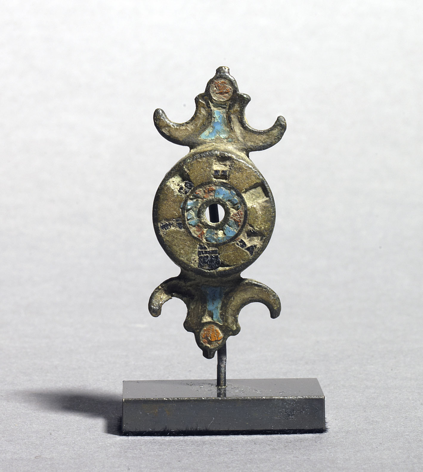   Gallo-Roman Long Plate Brooch with Enamel Inlays ,&nbsp;2nd - 3rd century C.E.,&nbsp;Bronze,&nbsp;Height 4.9 cm,&nbsp;Courtesy Rupert Wace Ancient Art, London 