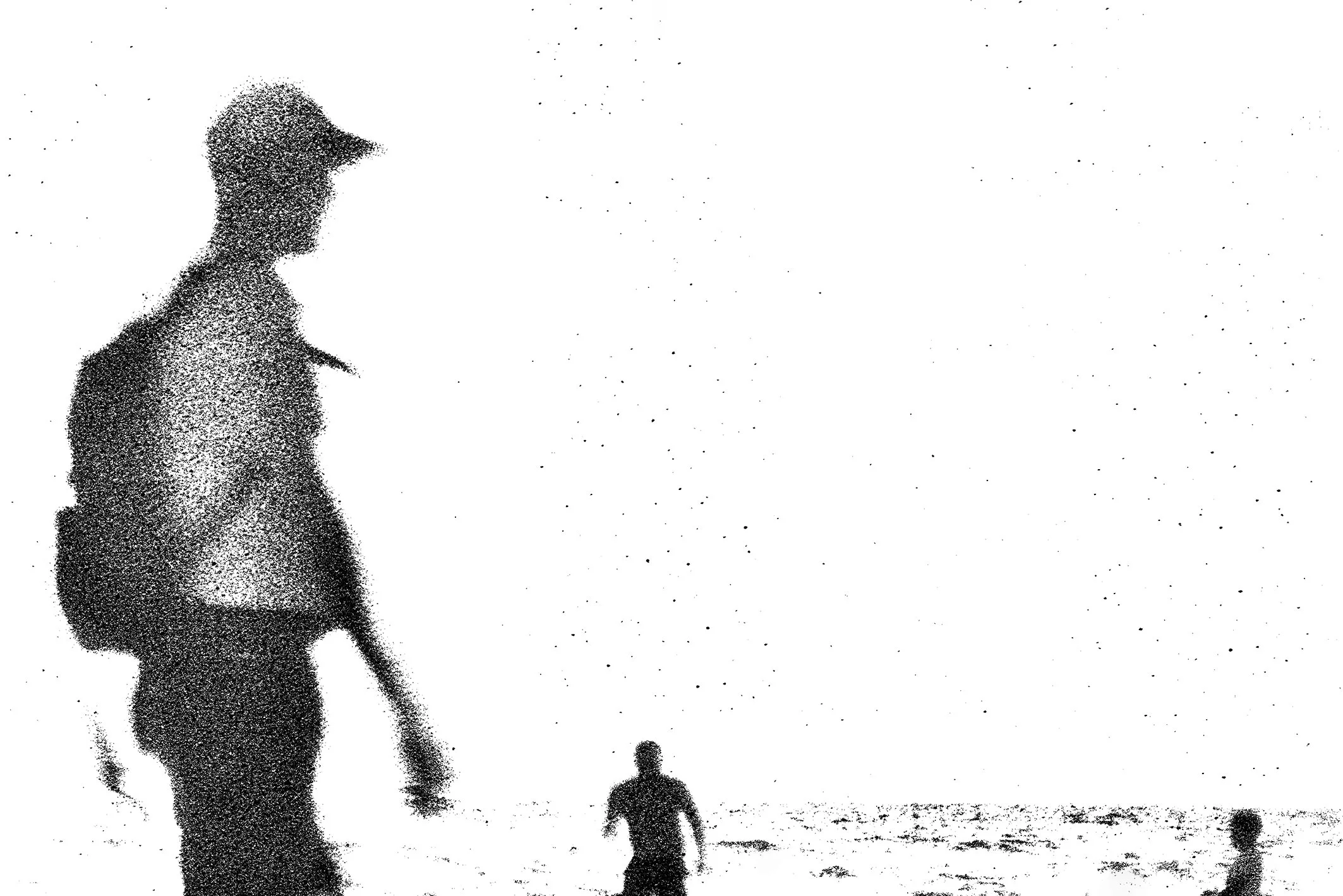Silhouette of a woman and children walking outdoors against a bright sky with a flock of birds flying in the background.