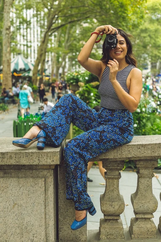 TRVL PORTER: Diane Von Furstenberg Wide-Leg Pants ACCENTED: Striped Crop Top + Statement Heels