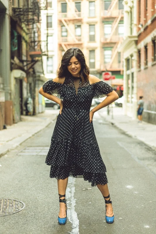 TRVL PORTER: Rebecca Taylor Cold Shoulder Dress ACCENTED: Statement heels + Shoestring Belt