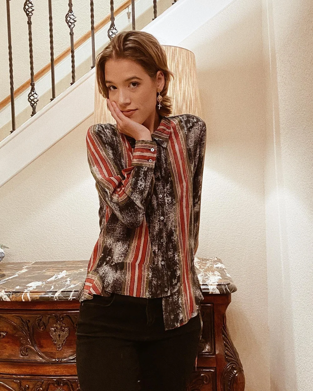 Stay at home chic= bold button up 🔝 + black denim. What's your &quot;go to&quot;?