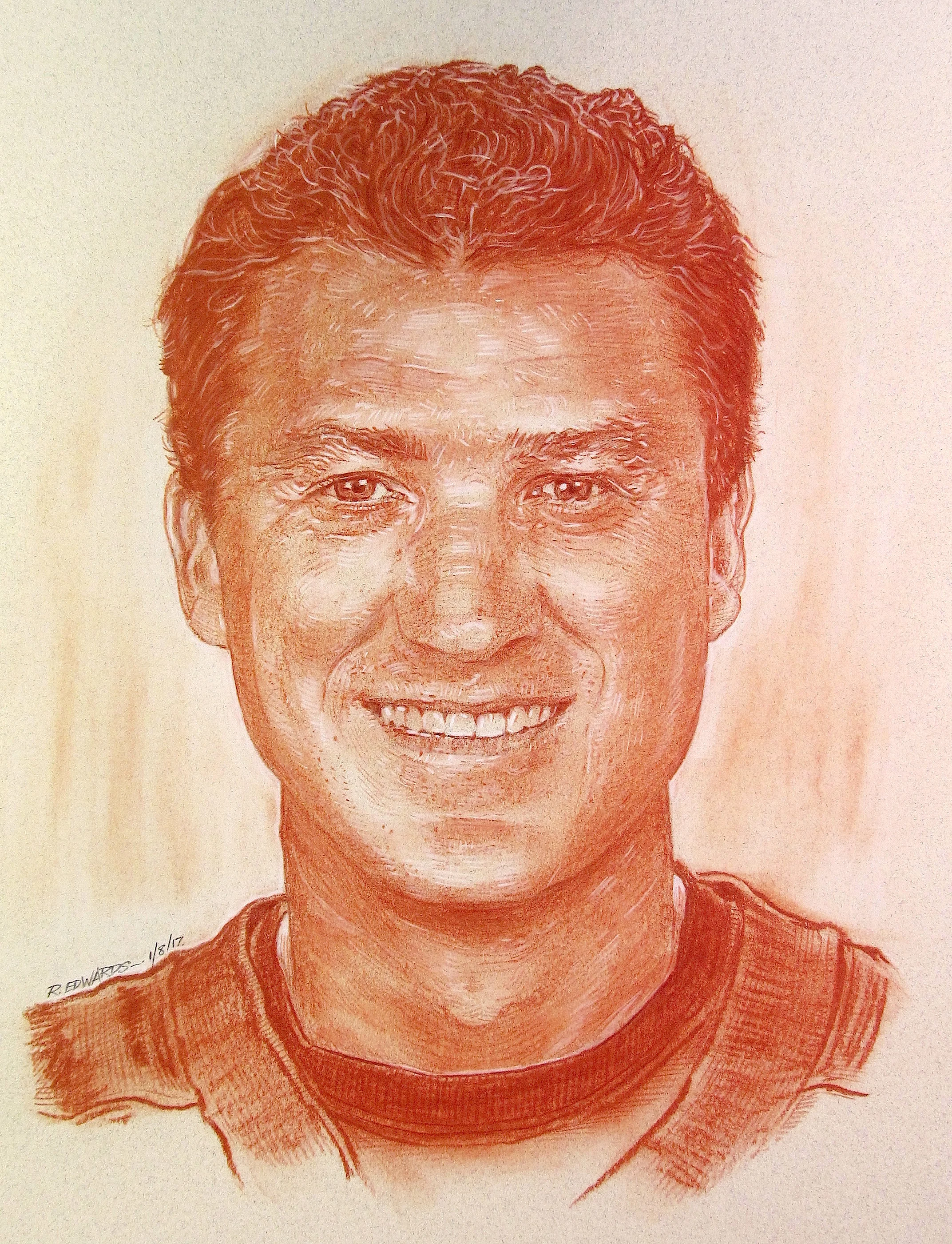 Mario Lemieux, Team Owner. Red sanguine chalk with white highlights, 12” x 16”