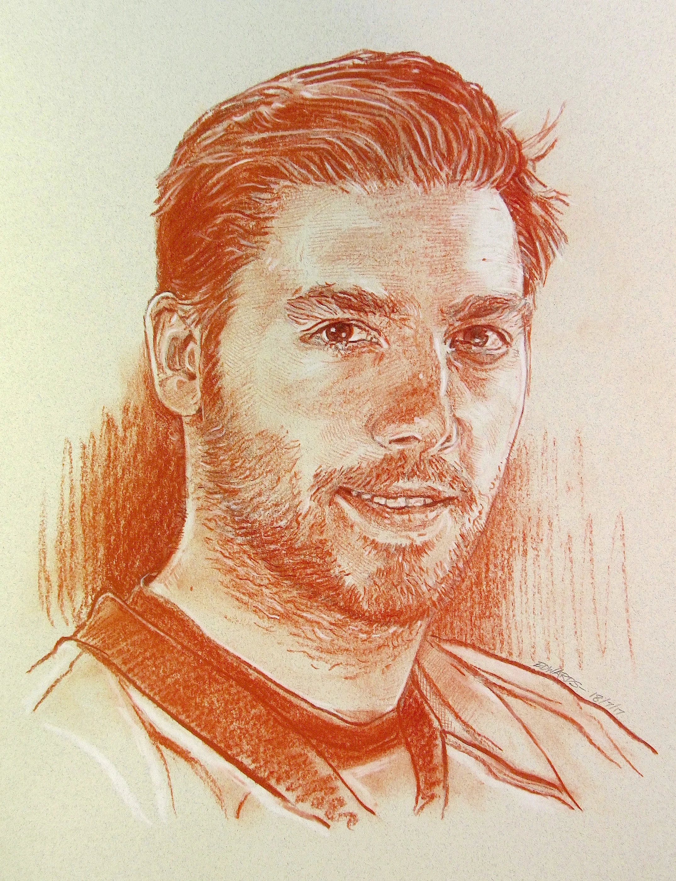 Kris Letang, Defenseman. Red sanguine chalk with white highlights, 12” x 16”