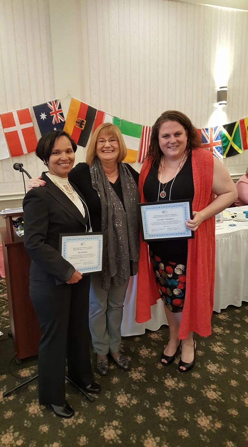 Sue Soriano will be representing District 11 at BPW PA State Convention for Individual Development in June. Jennifer Van Ingen and Sue both gave awesome speeches, on April 1st, at our Spring Board meeting with their interpretation of ERA. ID Chair, Gerry Fioriglio and judges had a tough job. From left to right: Sue Soriano , Gerry Fioriglio y Jennifer Van Ingen Franconia Heritage Conference and Banquet Hall .
