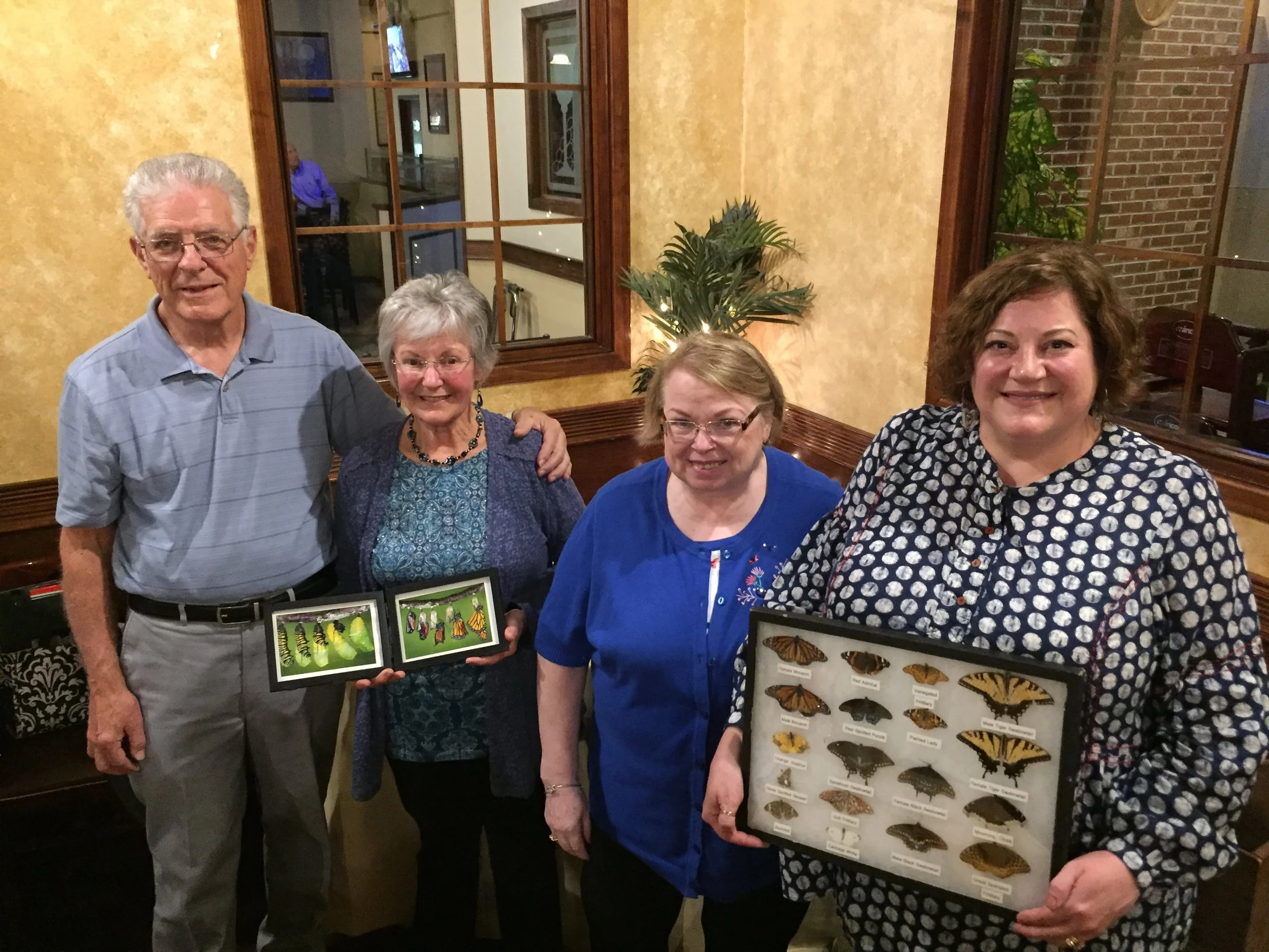 In honor of Earth Day, Central Montgomery County Business and Professional Women welcomed (from left) Dave and Audrey Harding of Marvelous Monarch Butterflies. Past State BPW President, Nancy Werner hosted the evening (center) and is shown with CMC President, Becky Shoulberg. Monarchs travel all the way to Mexico and back to the Northern states each year. Guided by the magnectic pull of surface minerals, millions make this journey and only a few survive the round trip. Learn more about the Monarch Sanctuary in Souderton at: https://marvelousmonarchs.wikispaces.com/Home+Page and CMC BPW: centralmontgomerycountybpw.org . 