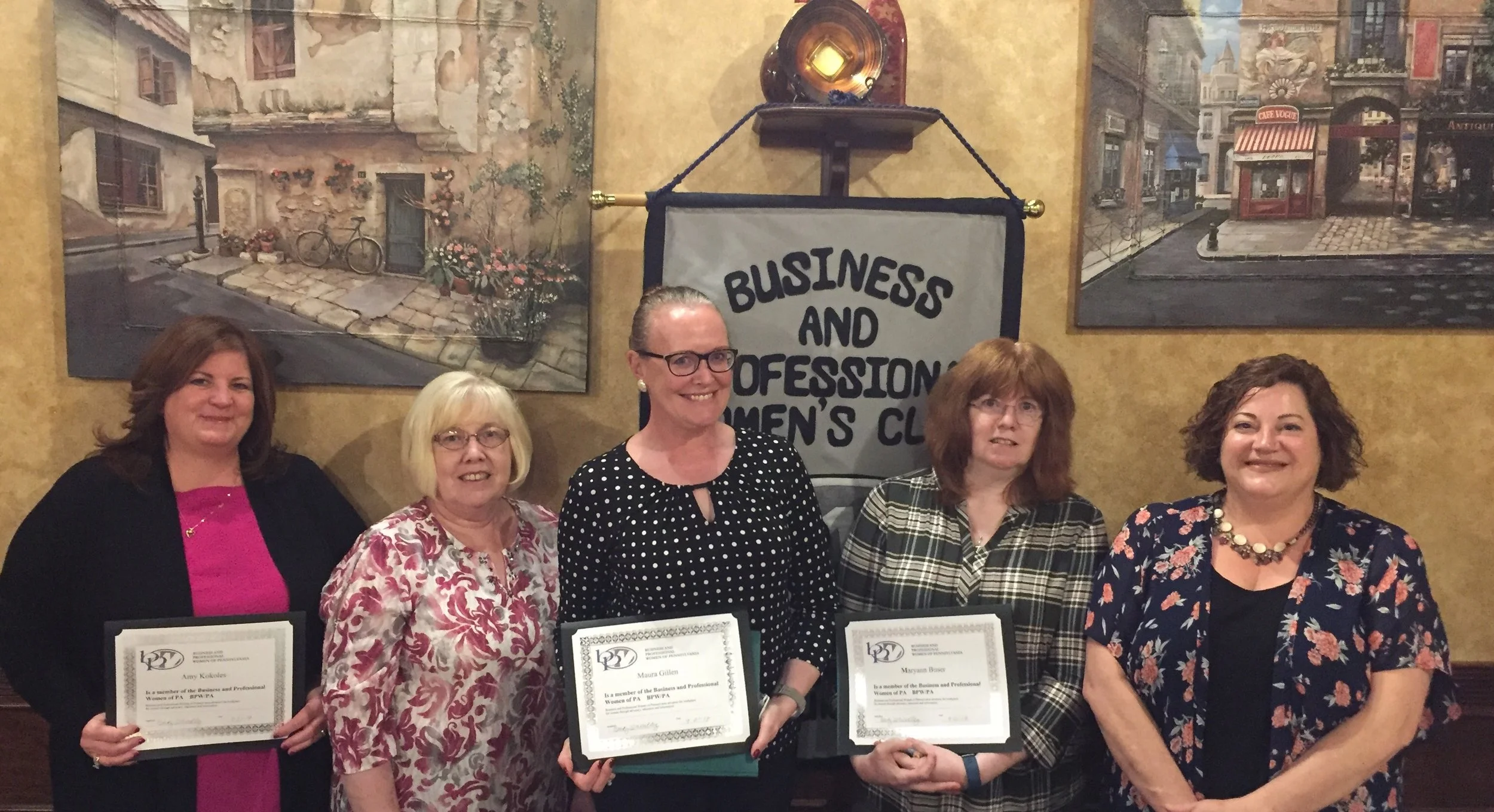 At our September kickoff to our 90th year, Treasurer, Noreen Morello and President, Becky Shoulberg welcomed CMC newbies. Holding their new member certificates (left to right) are Amy Kokoles, Mo Gillen and Maryann Buser. Welcome to BPW!