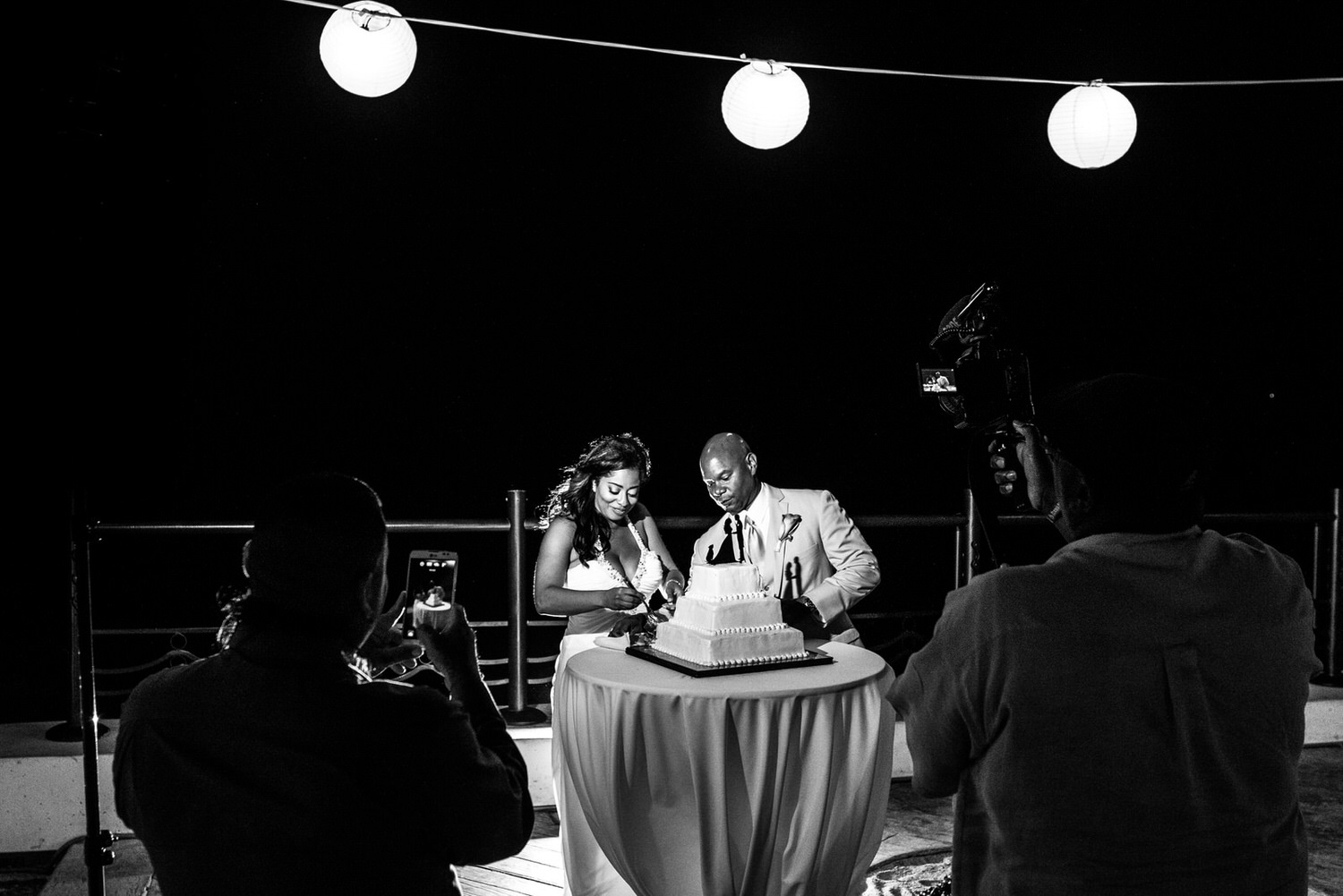 bride and groom cutting the cake