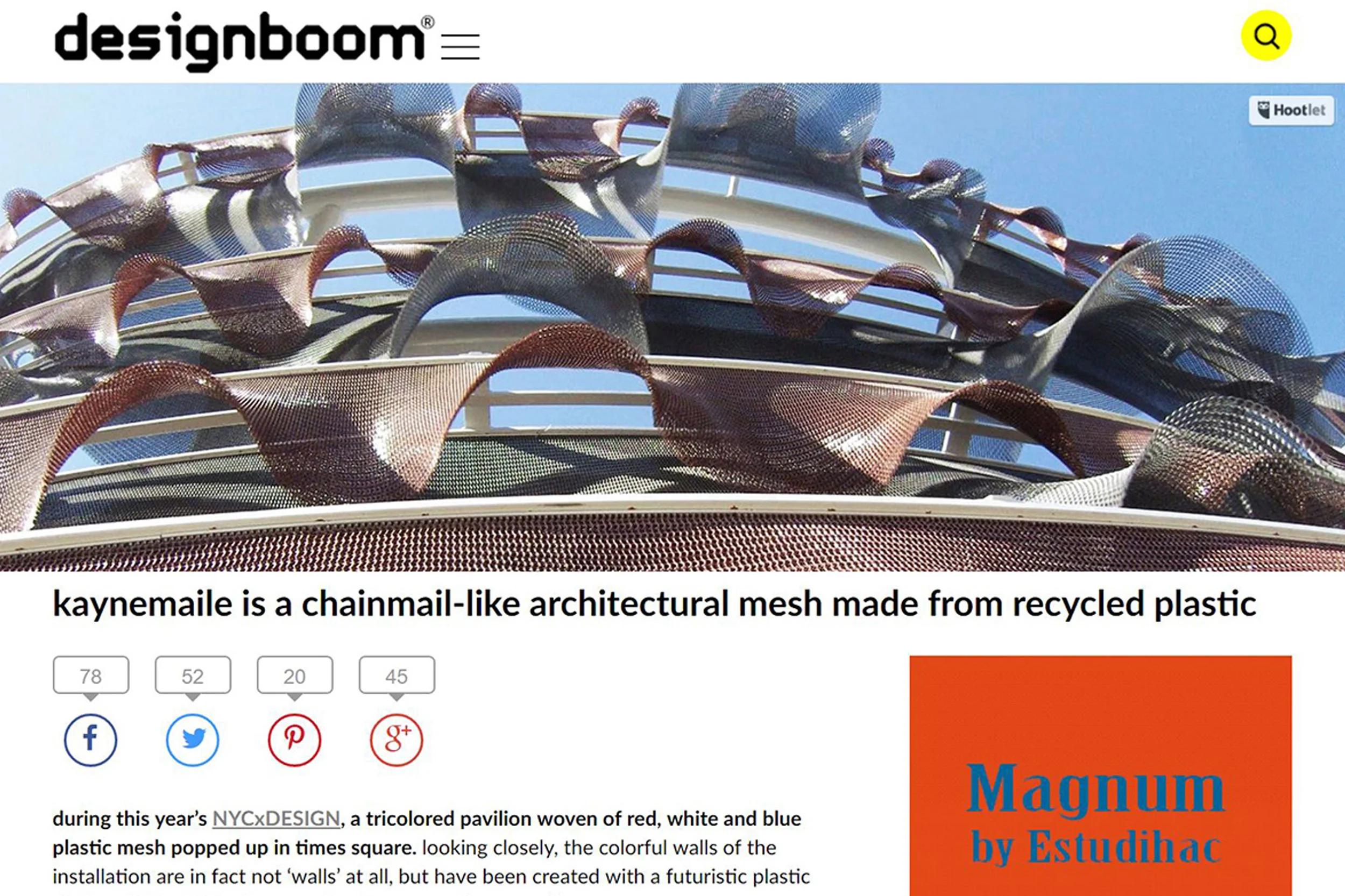 Designboom: Kaynemaile is a chainmail-like architectural mesh made from recyclable plastic...