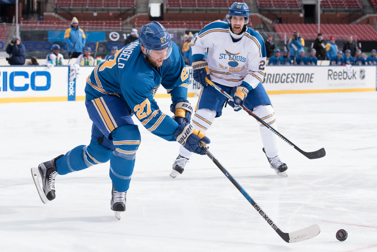 St. Louis Blues players Alex Pietrangelo (left) and Patrik Berglund play in a friendly 3 on 3 game as part of the One Nation Classic at Busch Stadium
