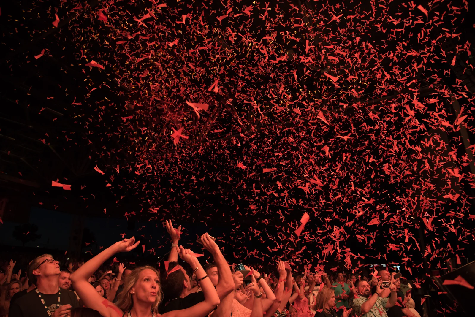 Confetti falls on the crowd during Train's performance at Hollywood Casino Amphitheatre