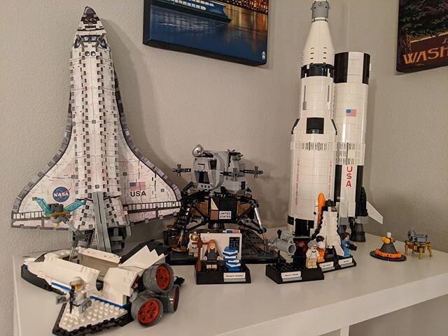 Finally opened and unpacked our Lego box! It was gross because we used to keep these above our apparently unvented stove... But now they're clean and filling shelves! Gotta make room for the ISS next... Hmmmm....