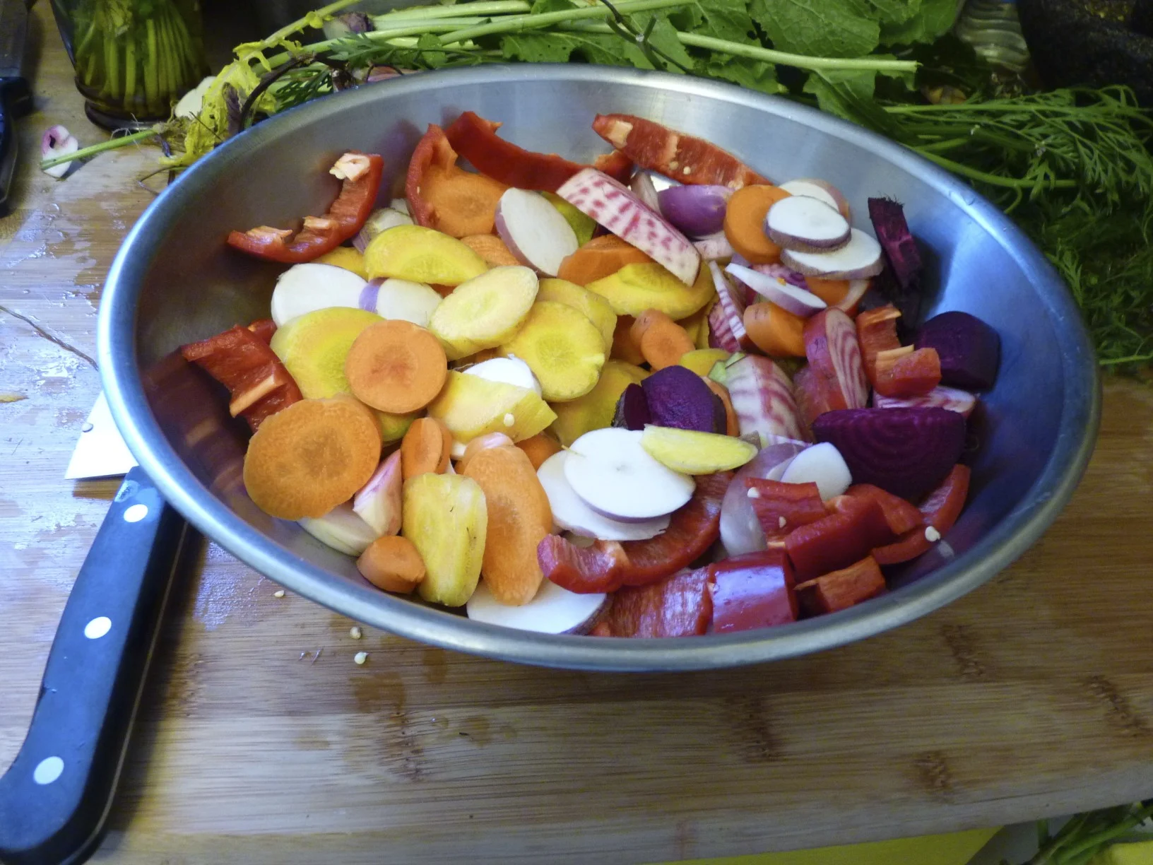 ...and chopped. We cut the root veggies on the diagonal...