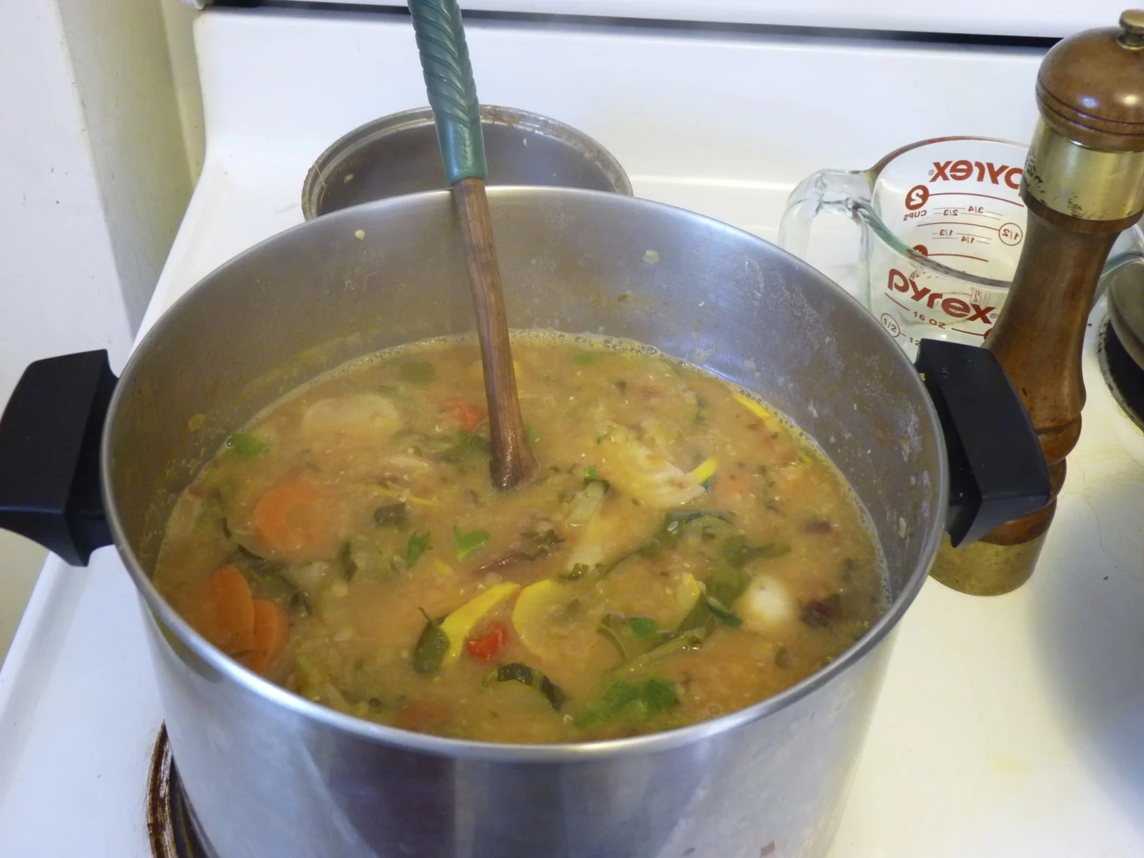 Once the lentils were soft, we added the veggies, salt and pepper to the pot and simmered until the vegetables were tender.
