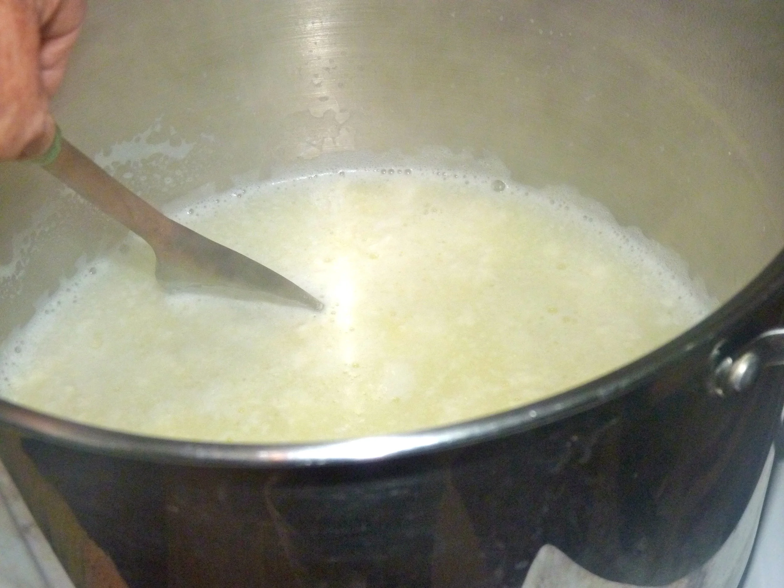 Stir very gently until the milk separates into white curds and yellow whey. Cover with a lid and let sit for ten minutes while the curds form and sink to the bottom.